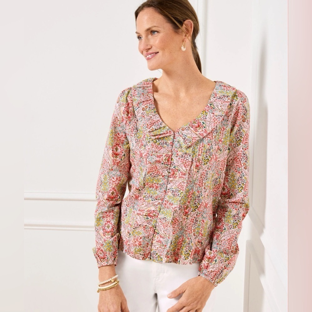 Talbots 100% Cotton Pintuck Ruffle Top Button Front Floral Spring Blouse